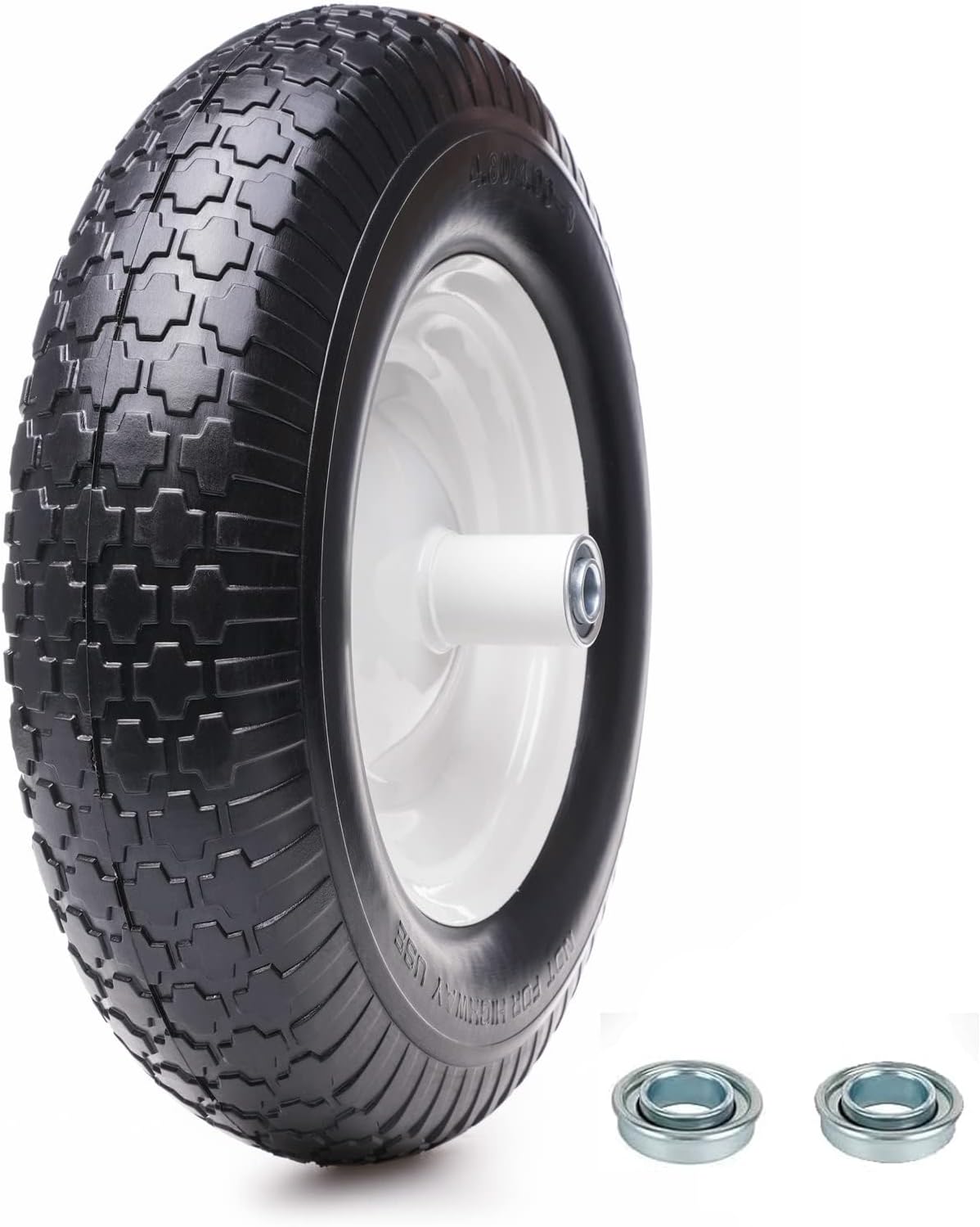 16" 4.80/4.00-8 Flat Free Solid Polyurethane Tire and Wheel with 2Pcs 3/4" Bearing, 1 Pack PU Airless Tires with 5/8" Ball Bearings 6" Iron Hub for Hand Truck/Tool Cart/Garden Carts, 1 Pc