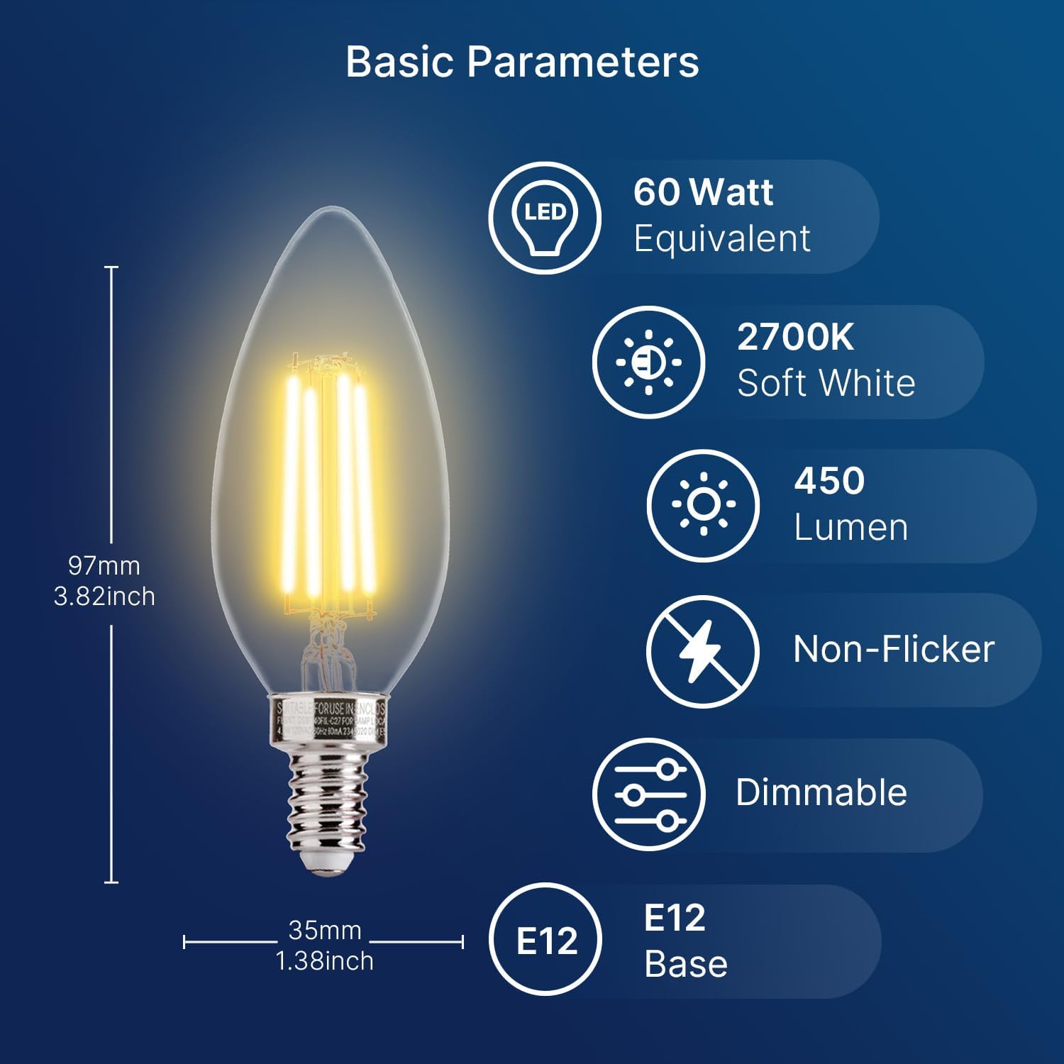 60W Equivalent LED Chandelier Light Bulbs, Dimmable, E12 Base, Clear B11 LED Filament Candelabra Bulbs, 2700K Soft White, 6 Pack