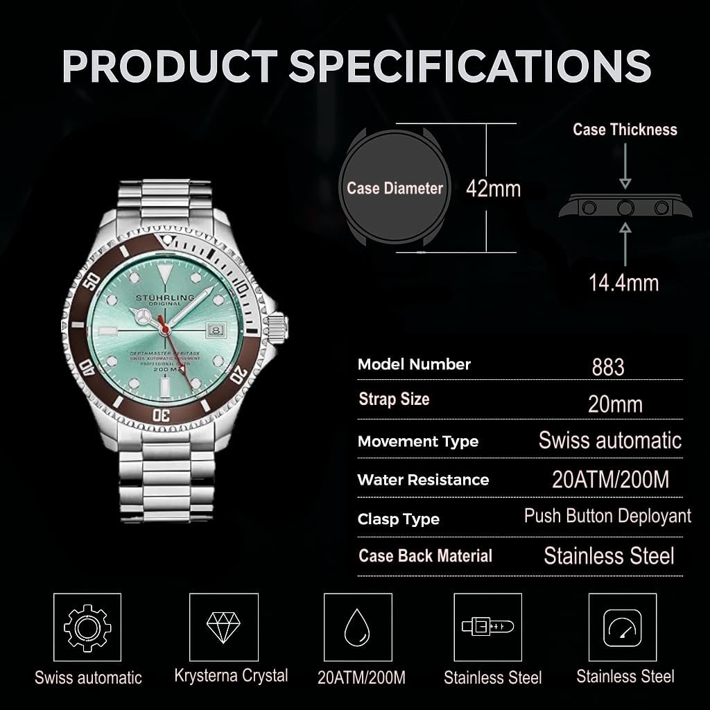 Stuhrling Original Mens Swiss Automatic Stainless Steel Professional DEPTHMASTER Dive Watch, 200 Meters Water Resistant