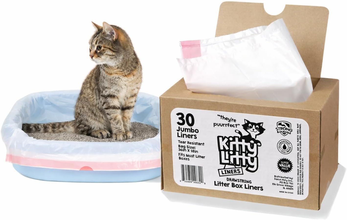 Cat Litter Box Liners 30 Count Drawstring Kitten Waste Bag | leak proof, heavy duty, scratch resistant, litter tray liner, kitty clean up