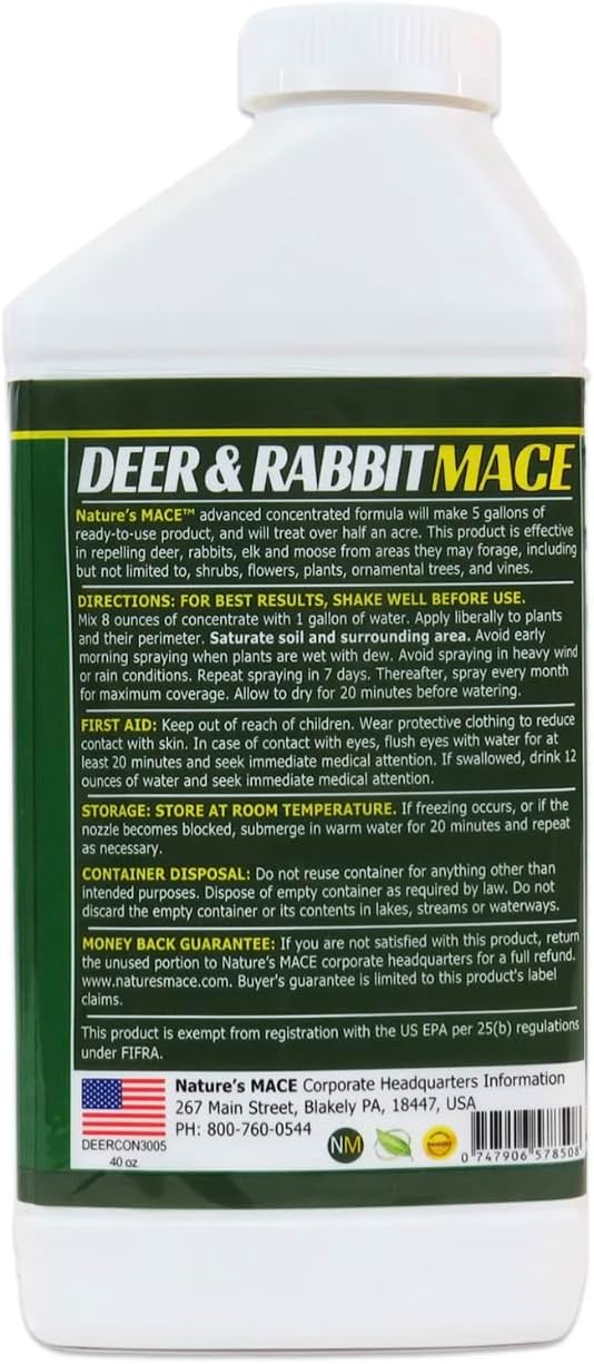 Nature's MACE Deer & Rabbit Repellent 40 oz Concentrate | Deer Repellent Spray for Plants, Lawns, Flowers & Gardens, Plant Safe, Protect Plants Fast, All-Season Protection.