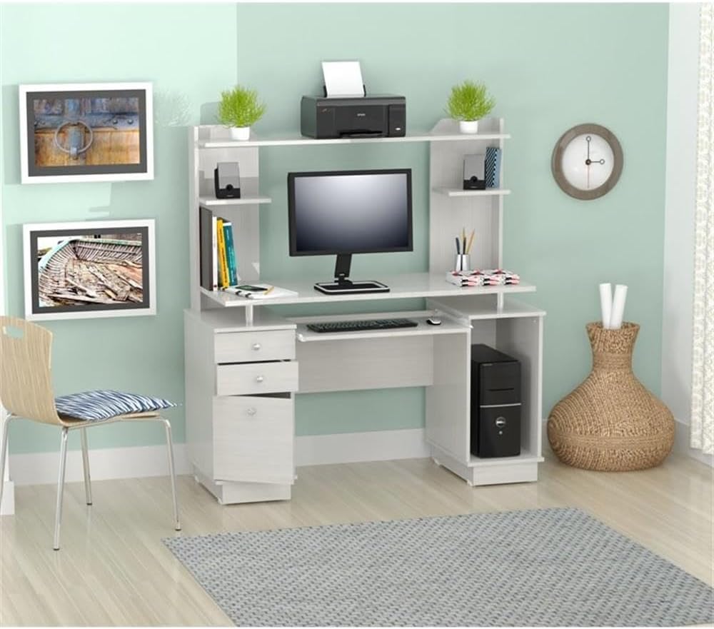 Inval America Computer Work Center with Hutch, Pull-Out Keyboard Tray, Drawers, Desk Workstation, 53.5"H x 48.62"W x 19.5"D, Washed Oak