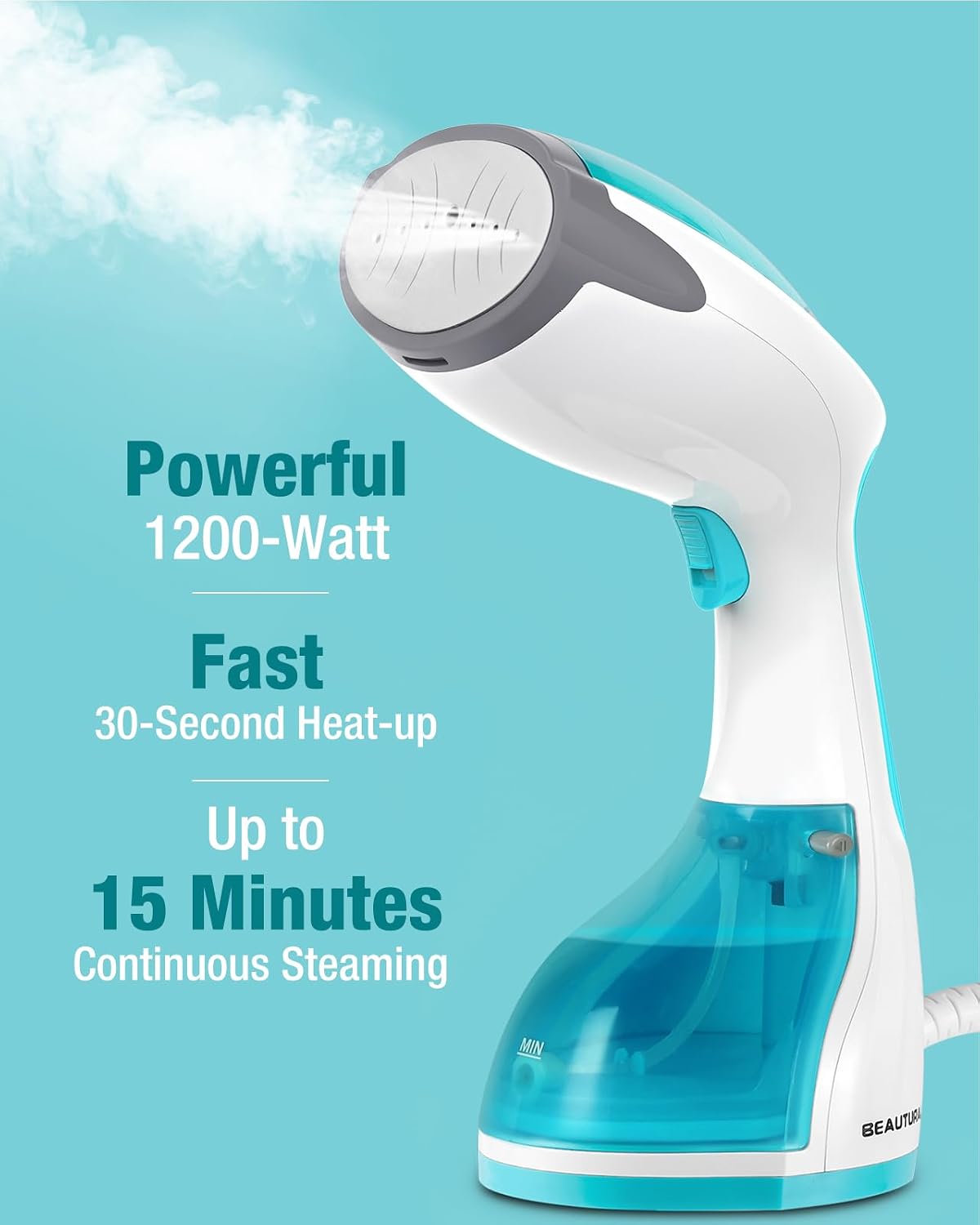 BEAUTURAL Steamer for Clothes, Handheld Garment Fabric Wrinkle Remover | 30-Second Fast Heat-up, Ceramic Heating Plate, Auto Shutoff