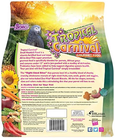 F.M. Brown's Tropical Carnival Gourmet Bird Food for Parrots, African Greys, and Conures Under 13", Probiotics for Digestive Health