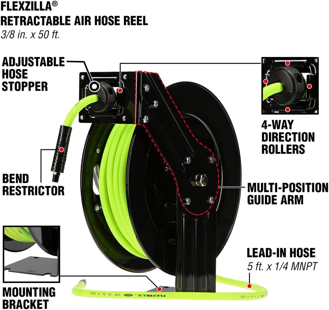 Flexzilla Open Face Retractable Air Hose Reel, 3/8 in. x 50 ft., Heavy Duty, Lightweight, Hybrid, ZillaGreen - L8611FZ