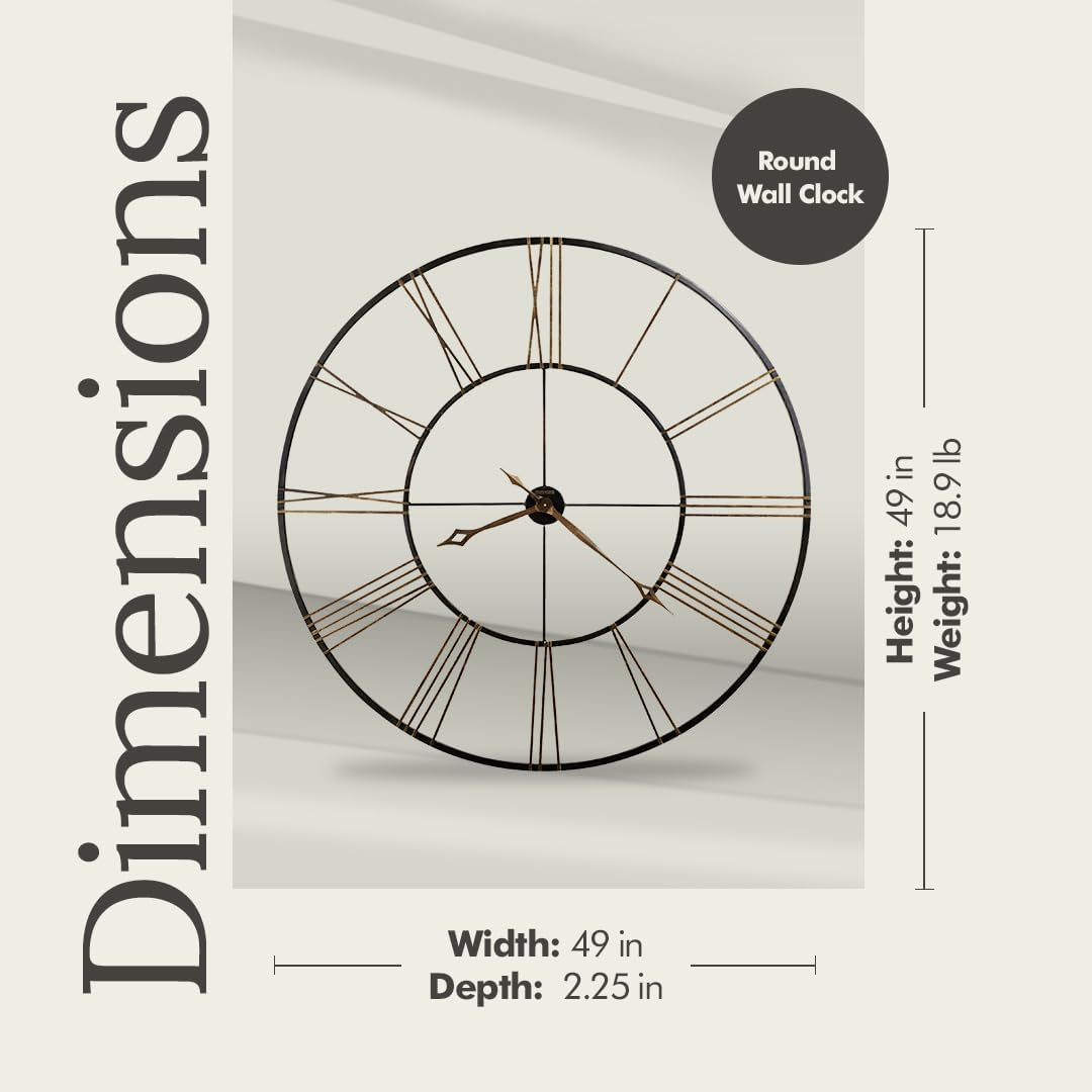 Howard Miller Postema Gallery Wall Clock | Wrought Iron Black Finish | Oversized Analog Clock with Roman Numerals | Quartz Movement | for Bedroom