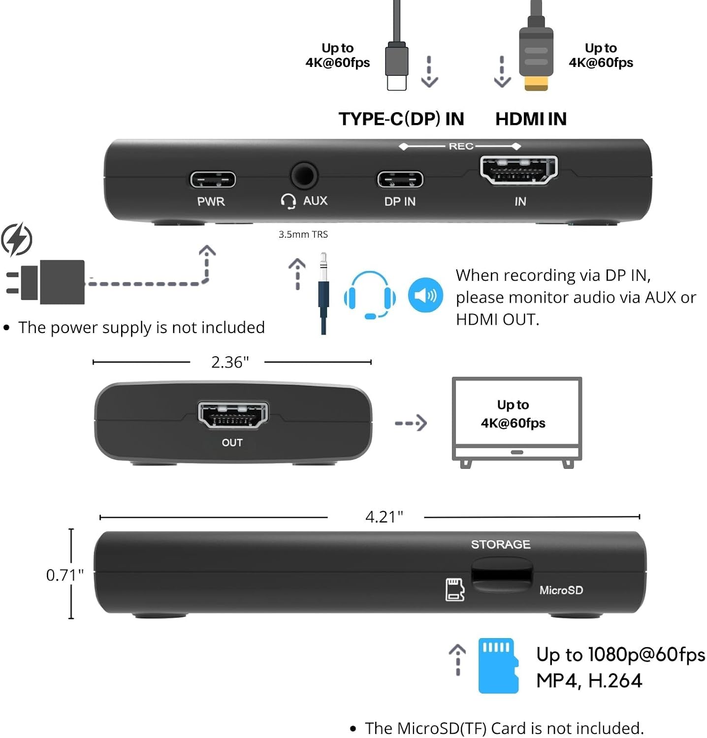 RecDual Dongle, Mini Standalone Dual-Input 1080p@60fps Video Recorder with 4K@60fps Passthrough
