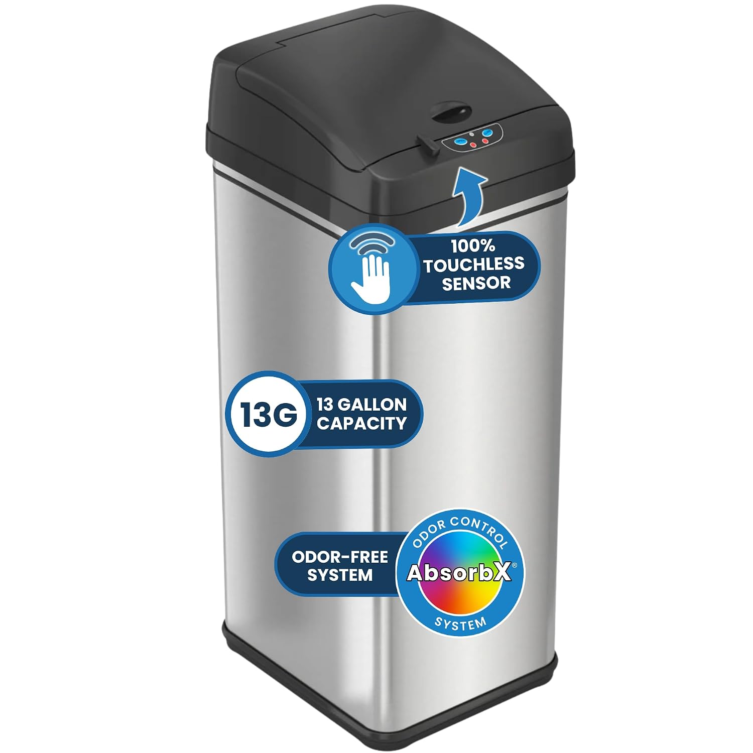 iTouchless 50 Liter / 13 Gallon Kitchen Trash Can with Lid & Deodorizer – Motion Sensor Semi-Round Stainless Steel Garbage Bin for Home, Office, or Garage – Slim, Wide Opening Large Capacity Design