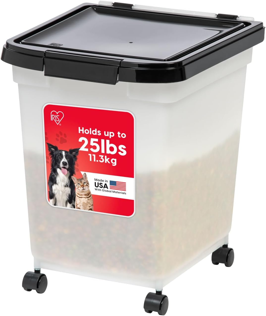 IRIS USA Dog Food Storage Container, Up to 25 lbs, Black, Made in USA | Wheels for Mobility, Airtight Seal, BPA-Free, Best for Bird Seed, Cat food, Cat Litter, Chicken Feed, Pellets