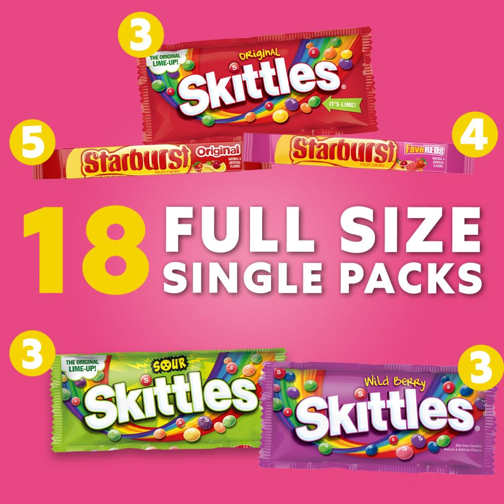 SKITTLES & STARBURST Assorted Candy Variety Pack Bulk Box 18 Count 37.05 oz | Everyday snacking, snack box, mix candy assortment bulk candy fruity candies bulk box for fundraising, snacking, road trips