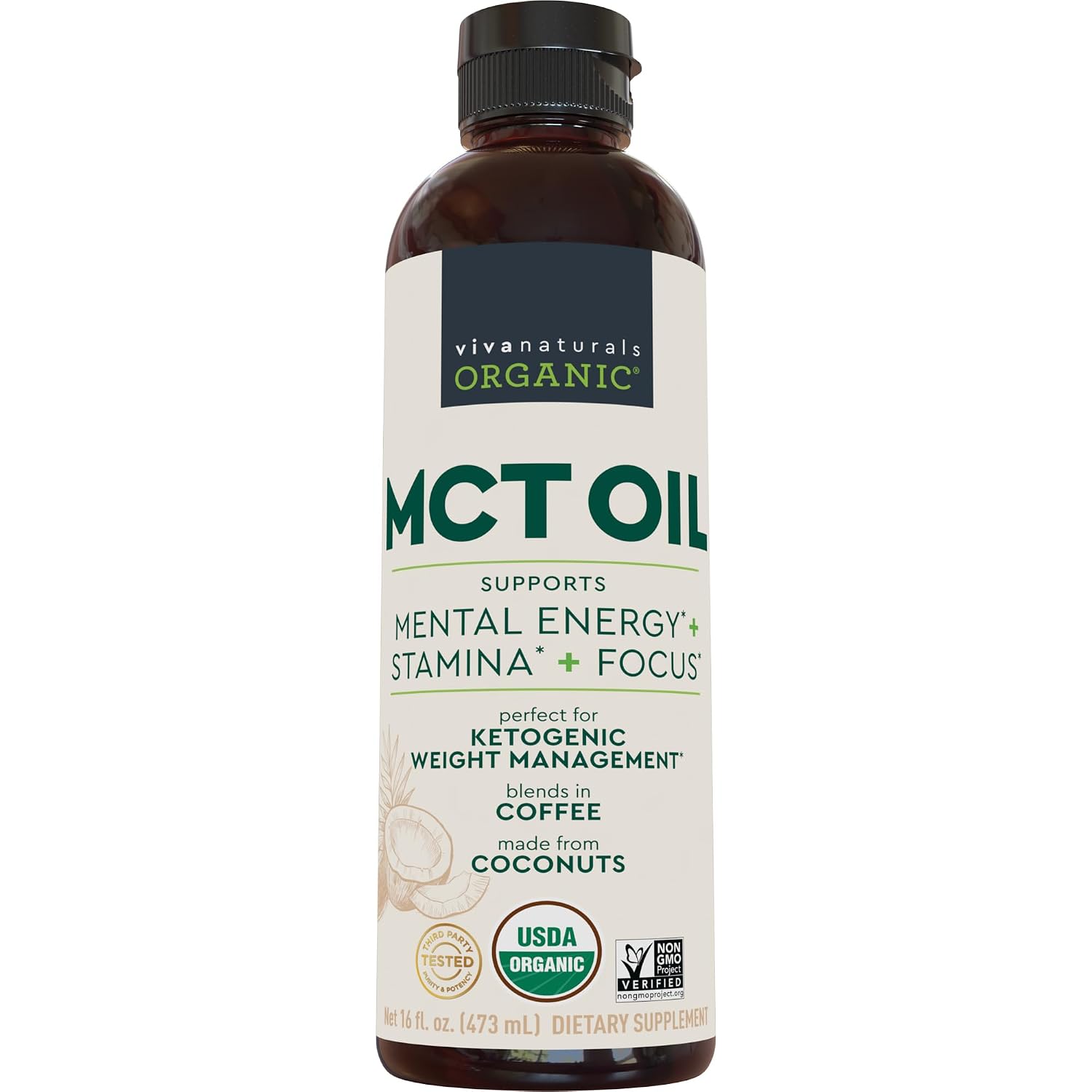 Viva Naturals Organic MCT Oil, 32 fl oz – MCT Oil for Coffee, USDA Organic, Non-GMO, Paleo Certified & Keto Friendly, Supports Energy & Mental Clarity