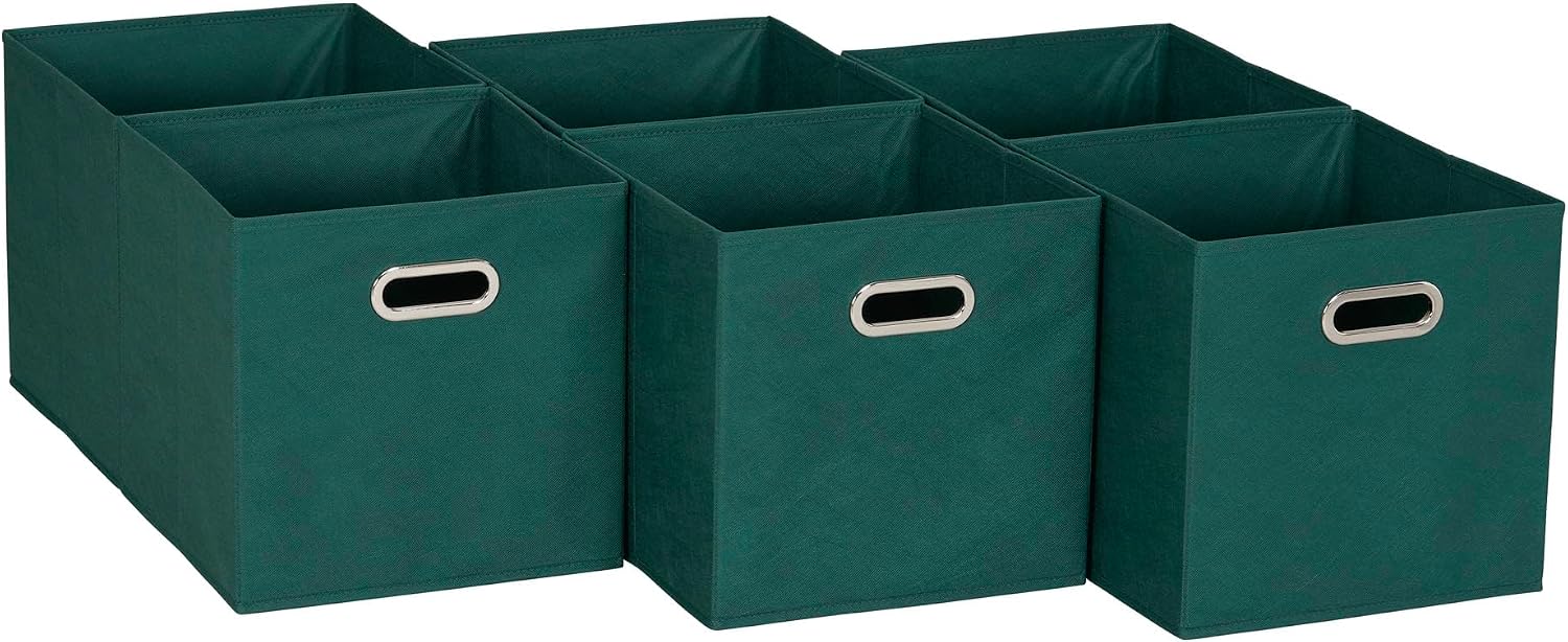 Household Essentials Fabric Storage Bins 6 Piece Set, Strong Poly-Woven Fabric, Sturdy Chipboard Sides, Grommet Front Handle, Stackable and Foldable, Classic Design, Navy