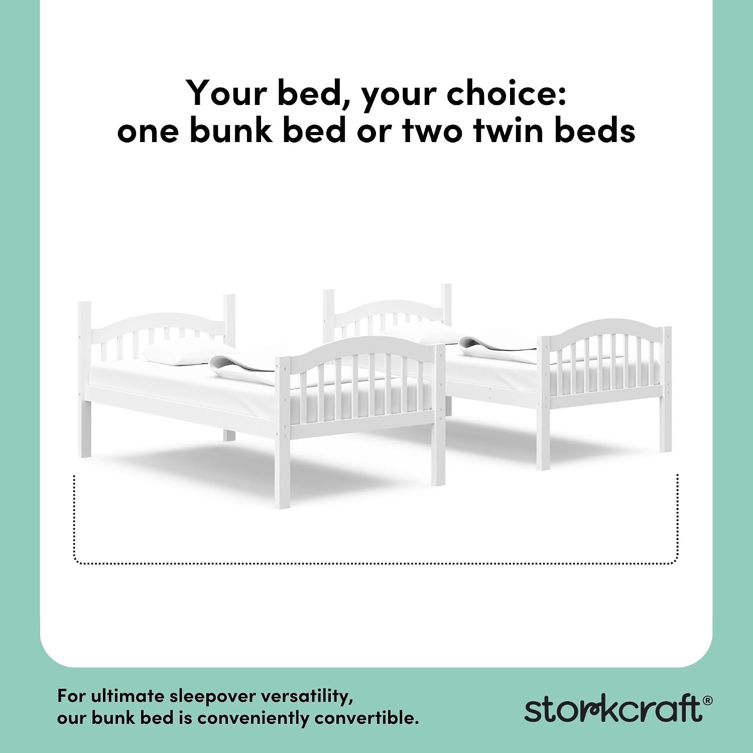 Storkcraft Long Horn Twin-Over-Twin Bunk Bed, White | GREENGUARD Gold Certified, Converts to 2 Individual Twin Beds, Wood Bunk Bed for Kids Bedroom, No Box Spring Required