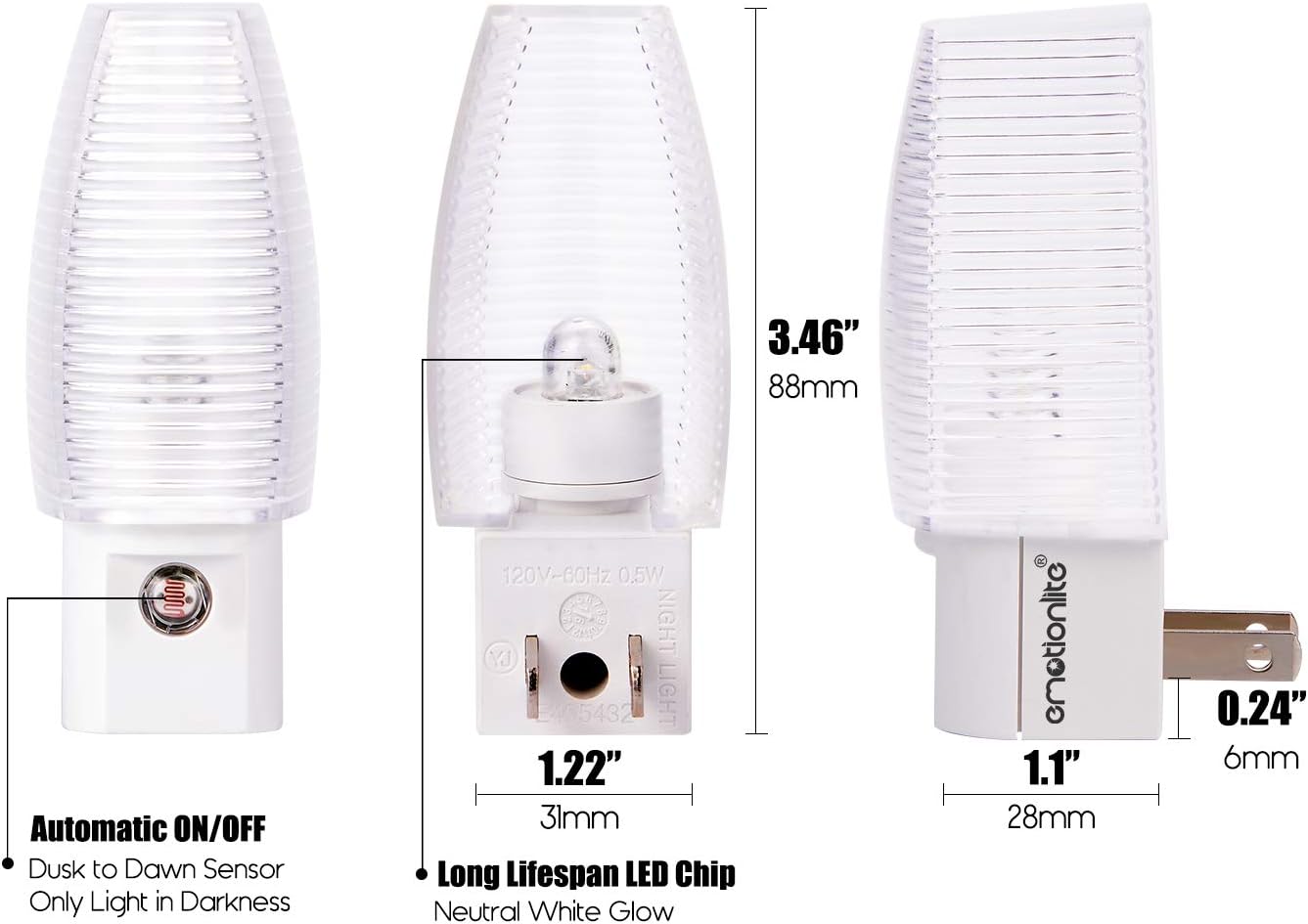 Emotionlite Plug-in Night Light, Dusk to Dawn Sensor, Warm White, 4 Pack | Warm white sensor night light, ideal for nursery, bedroom, bathroom, hallway, stairs & kitchen