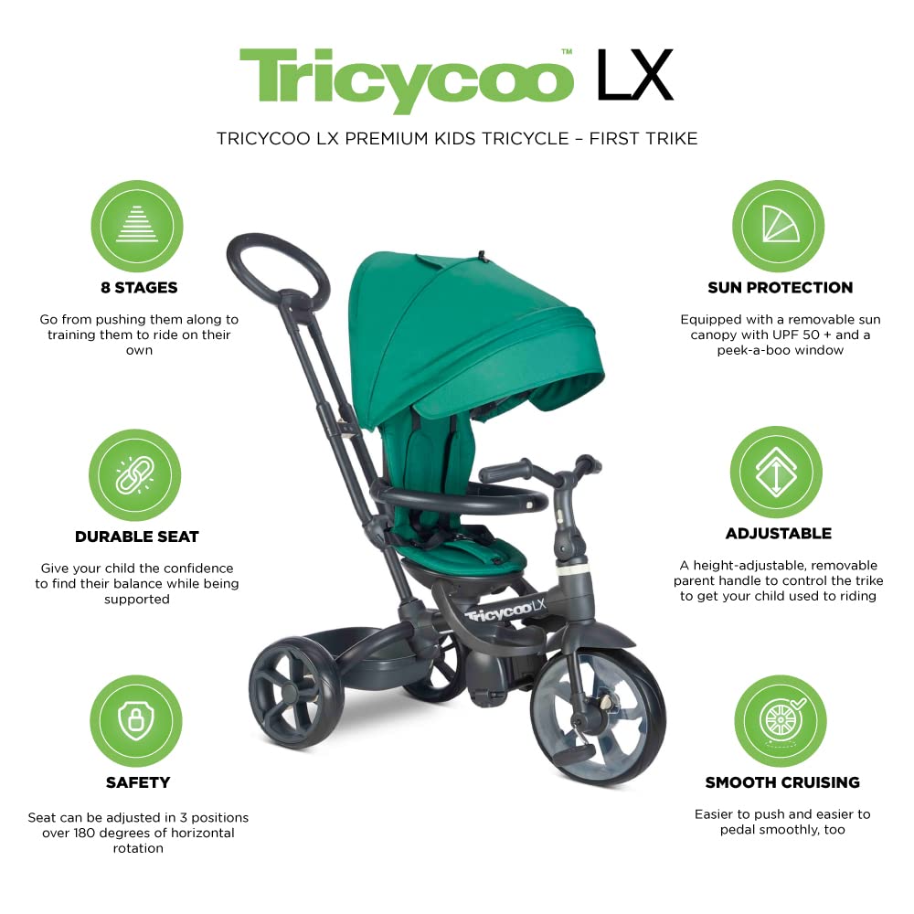 Joovy Tricycoo 4.1 Kids Tricycle with 4-Stages Featuring Extra-Wide Front Tire, Removable and Adjustable Parent Handle, Safety Harness