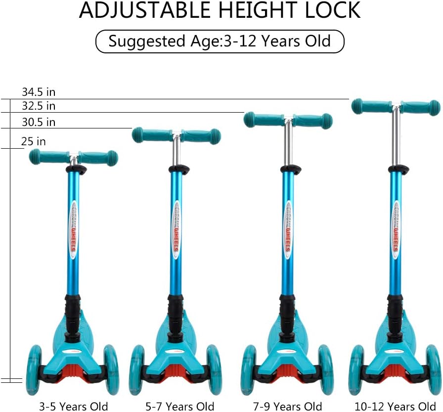 ChromeWheels Foldable Scooters for Kids, Deluxe Kick Scooter 4 Adjustable Height 132lbs Weight Limit 3 Wheel, Lean to Steer LED Light Up Wheels