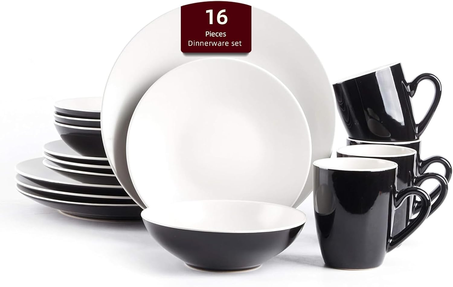 Stoneware Two-Tone Colors Life 16pc Dinner Set，Outside Shiny Black + Inside Matte Glaze Olive