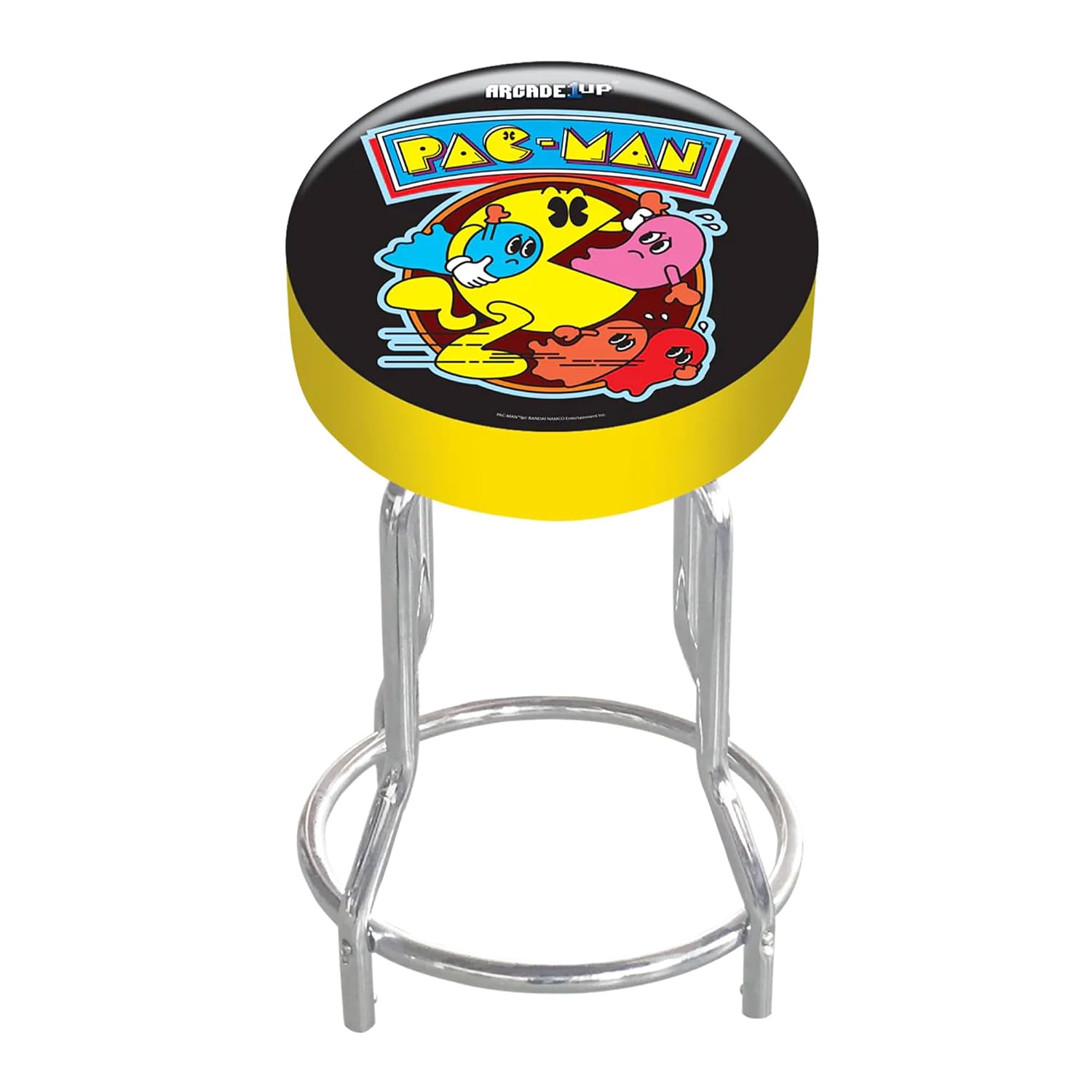 Arcade1Up Adjustable Padded Arcade Game Stool, Steel Frame, Pac-Man, 21.5" to 29.5"- with Leg Extenders, Padded Seat, and Chrome Steel Finish for Home