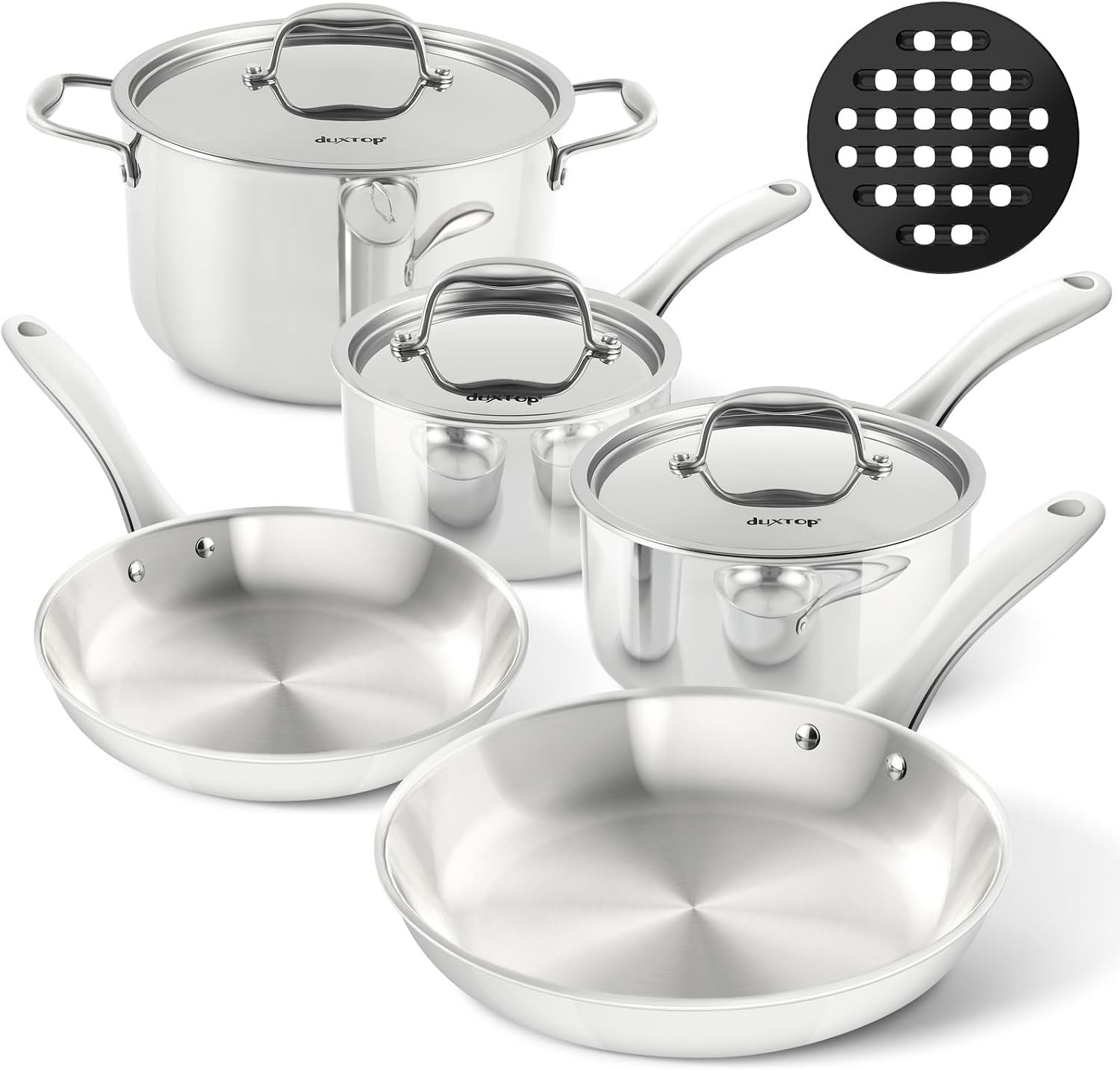 Duxtop Tri-Ply Stainless Steel Induction Cookware, 9PC Pots and Pans Set | Whole Clad 3-Layer Steel, Family Cookware Set, Even Heating