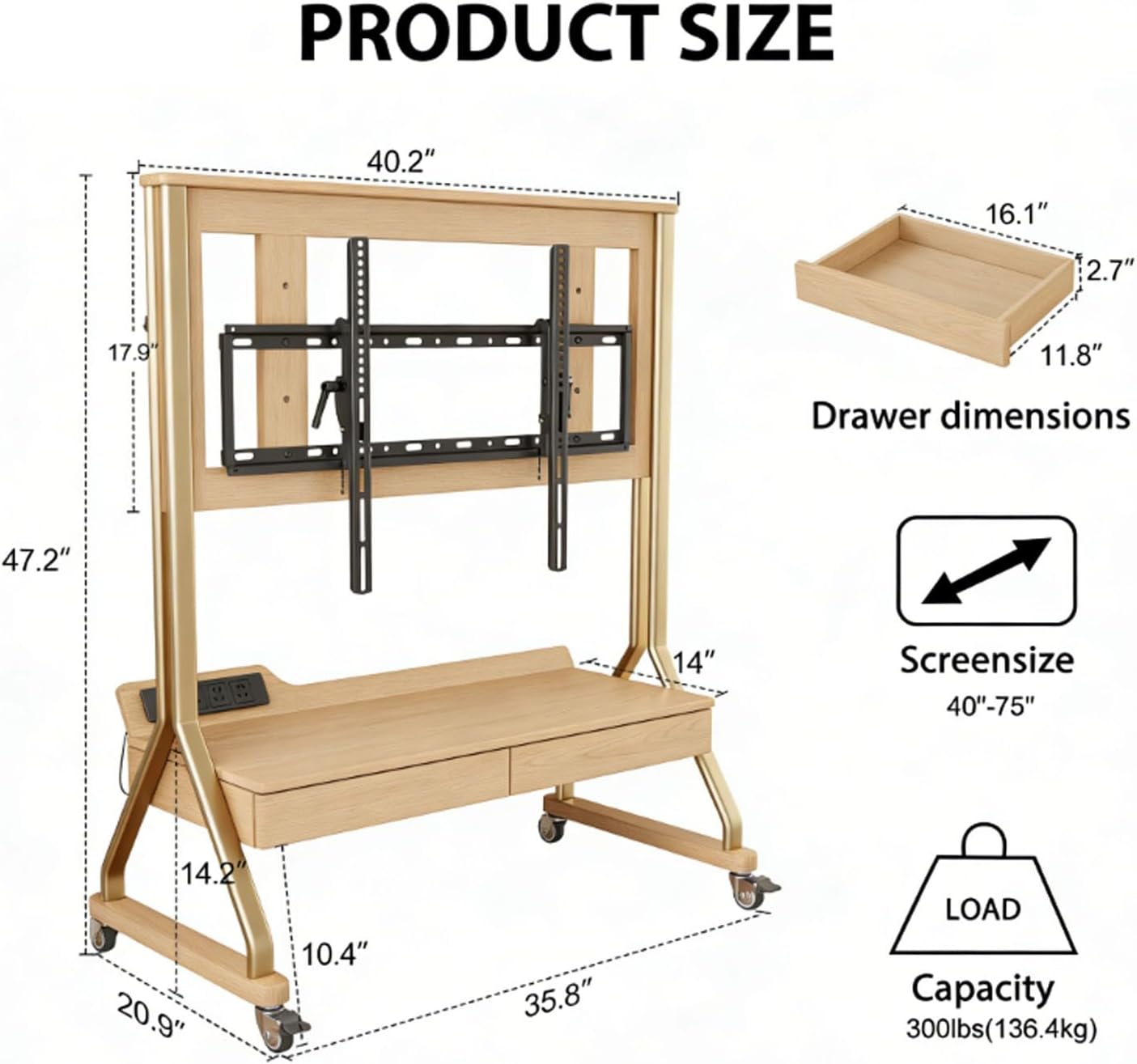 AnywaysWood TV Cart Rolling TV Stand with Wheels for Most 40-75" TVs up to 300lbs Height Adjustable, Tilting, Tall Heavy Duty TV Stand with 2 Drawers Power Strip, for Living Room