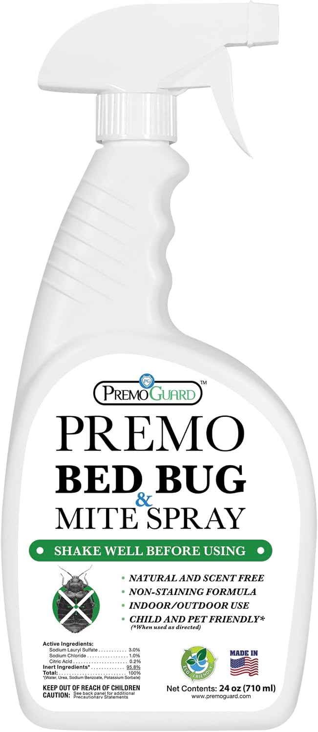 Premo Guard Bed Bug & Mite Killer Spray – University Tested 100% Kill Rate | Natural, Safe for Bedding, Furniture, Fabrics, and Clothing, Non Toxic, Stain & Scent Free, Child & Pet Safe