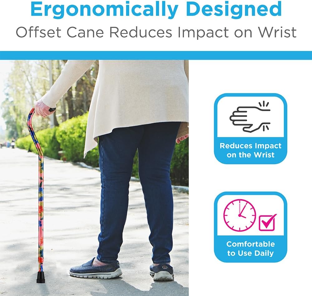 NOVA Designer Walking Cane with Offset Handle, Lightweight Adjustable Walking Stick with Carrying Strap, “Maui Flowers” Design