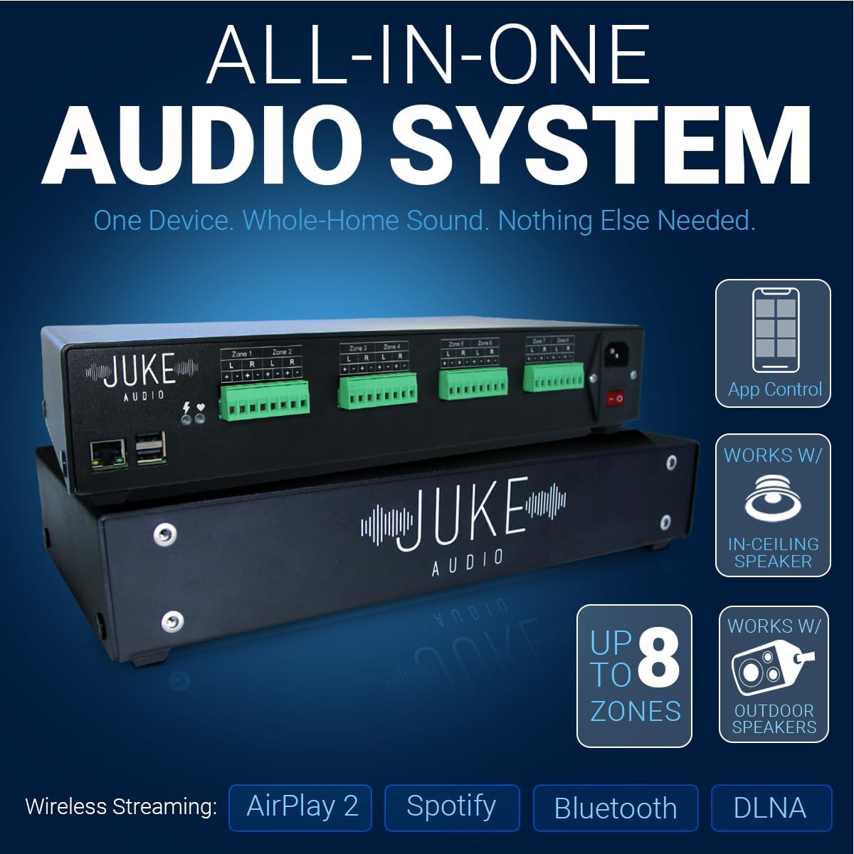 Juke-8: 8 Zone Multi-Room Amplifier | Built-in Music Streaming & Wireless App Control | Supports 8 Audio Sources Simultaneously | Whole Home Audio