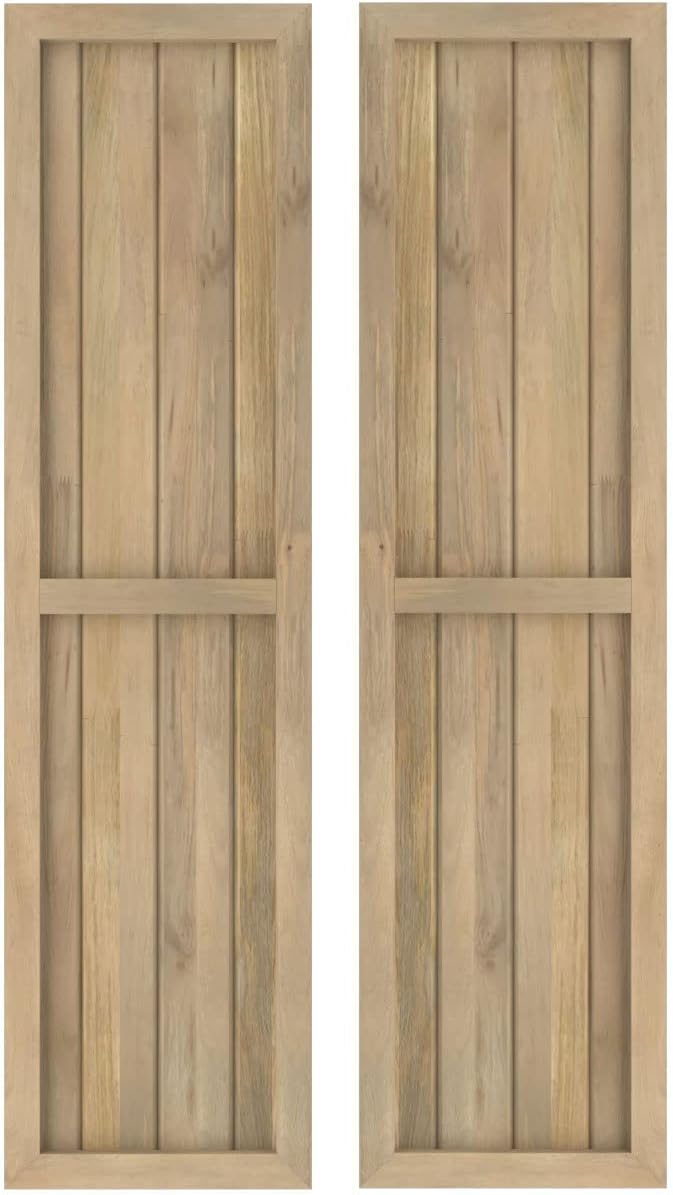 14"W x 58"H Americraft Four Board Exterior Real Wood Two Equal Panel Framed Board-n-Batten Shutters (Per Pair), Unfinished