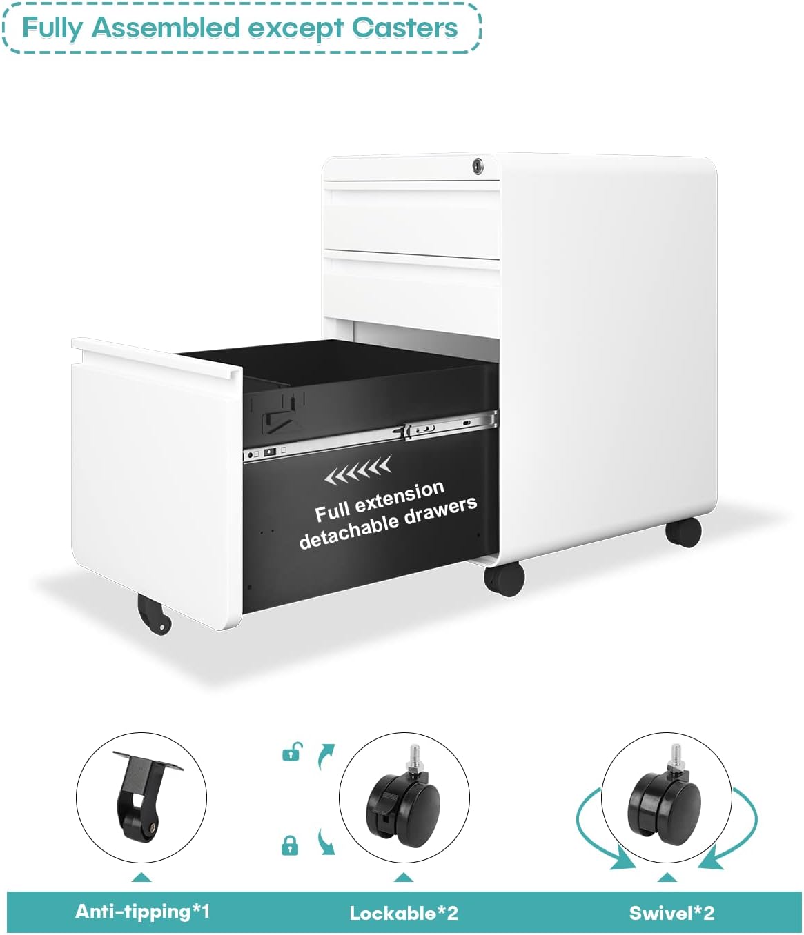 Dripex 3 Drawer Metal Rolling File Cabinet Under Desk Filing Cabinet White | 16"W x 18"D x 24"H, Lockable, 5 Wheels, Fully Assembled
