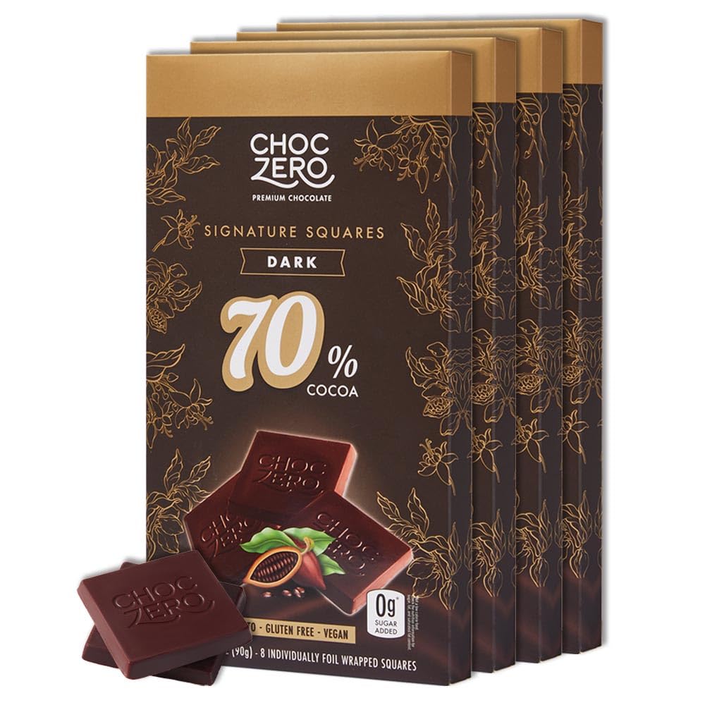 ChocZero 70% Cocoa Sugar Free Dark Chocolate Squares, Vegan, 4 Pack | No Sugar Alcohols, Keto, Low Carb, High Fiber, Gluten Free, 32 Total Candy Squares