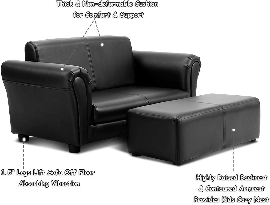Costzon Kids Couch with Footstool, 2 in 1 Double Seat Children's Sofa w/PU Leather Surface, Armrest Chair Lounge, Soft Kids Sofa for Preschool Bedroom Kids Room Toddlers Boys Girls Birthday (Black)