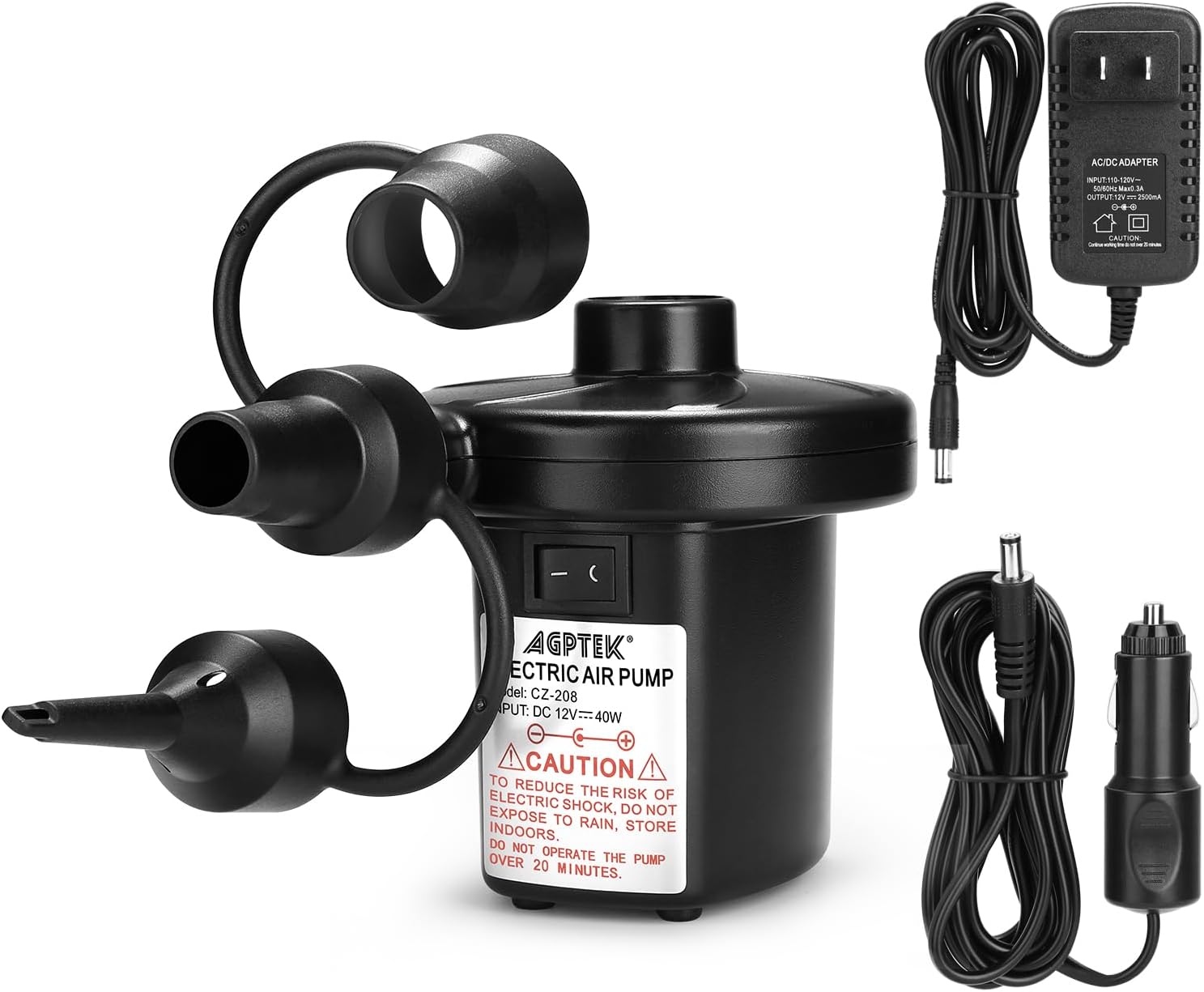 AGPTEK Electric Air Pump for Inflatables, 110V AC &12V DC Inflator Deflator | 4.5kPa Quick-Fill, 3 Nozzles, Portable Air Pumps for Outdoor Camping