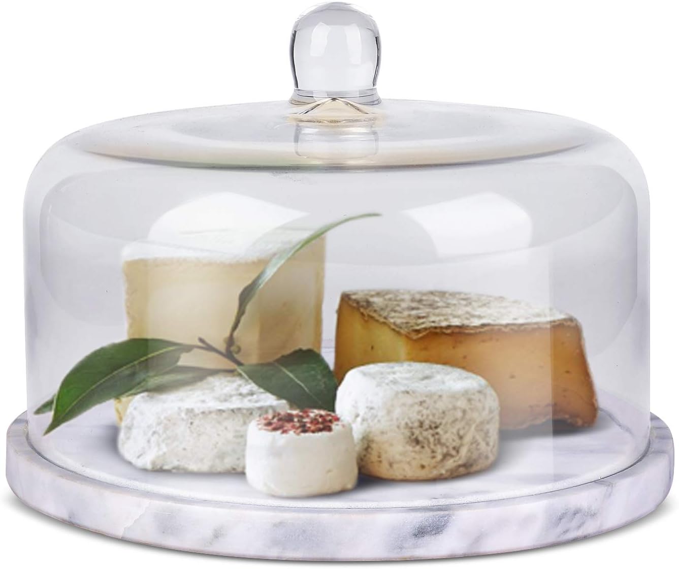 Flexzion Marble Cake Stand with Glass Dome Lid, 8.7-Inch Serving Plate