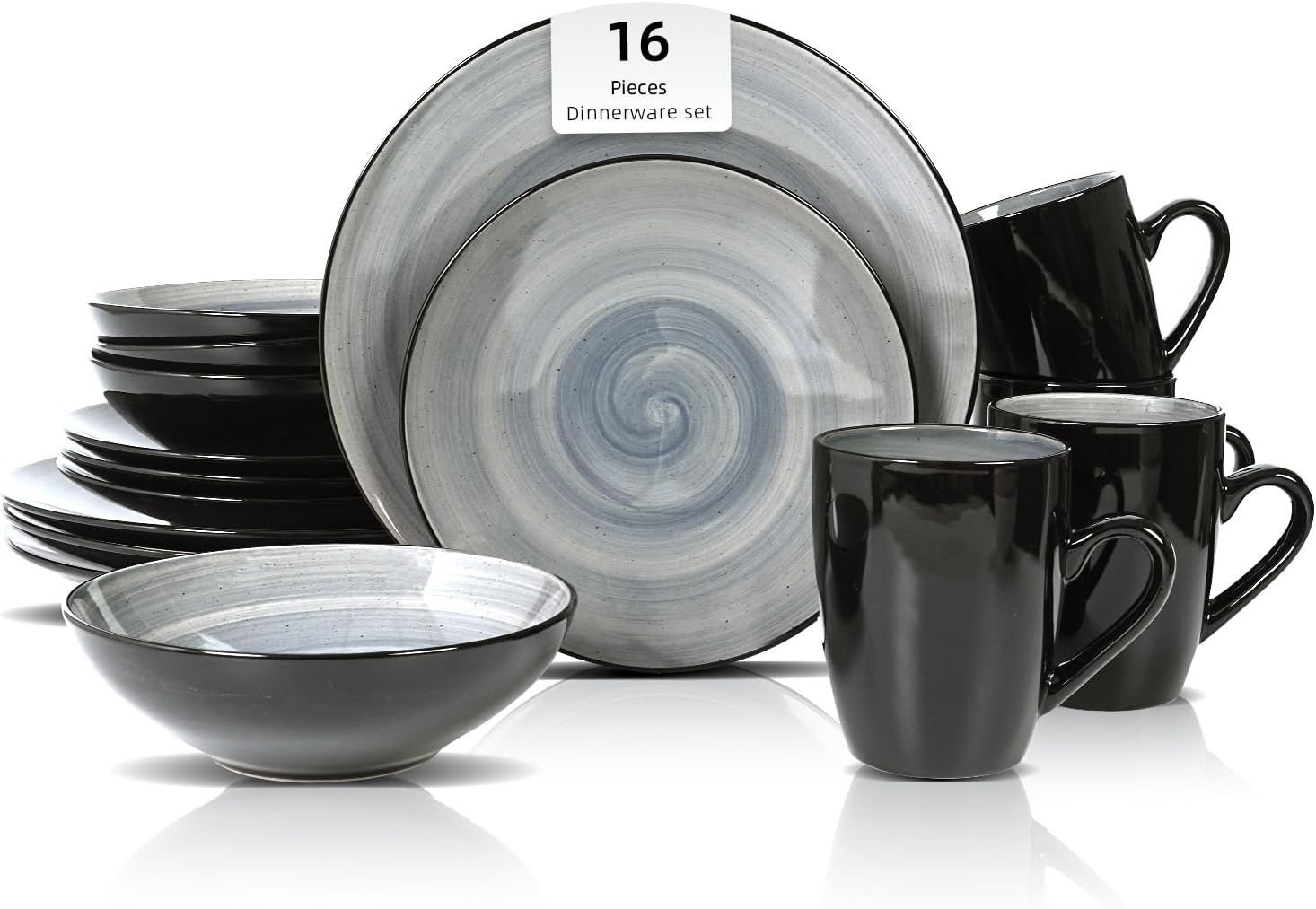 HomeVss, Sonoma Stoneware Dinnerware Set, Outside Black + Inside Hand Painting Color (16pc Set, Grey)