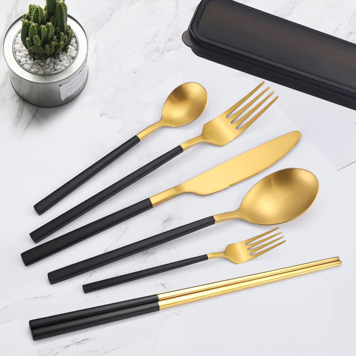 AARAINBOW 6 Pieces 18/8 Stainless Steel Flatware Set Portable Reusable Cutlery Set Travel Utensils Set Including Chopsticks Knife Fork Spoon Straws