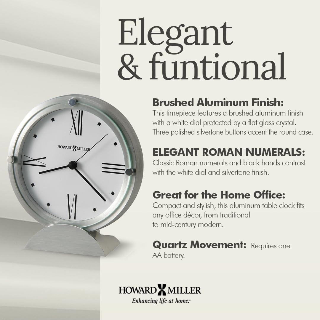 Howard Miller Simon II Tabletop Clock – Brushed Aluminum Finish, White Dial, Roman Numerals, Flat Glass Crystal, Interior Light