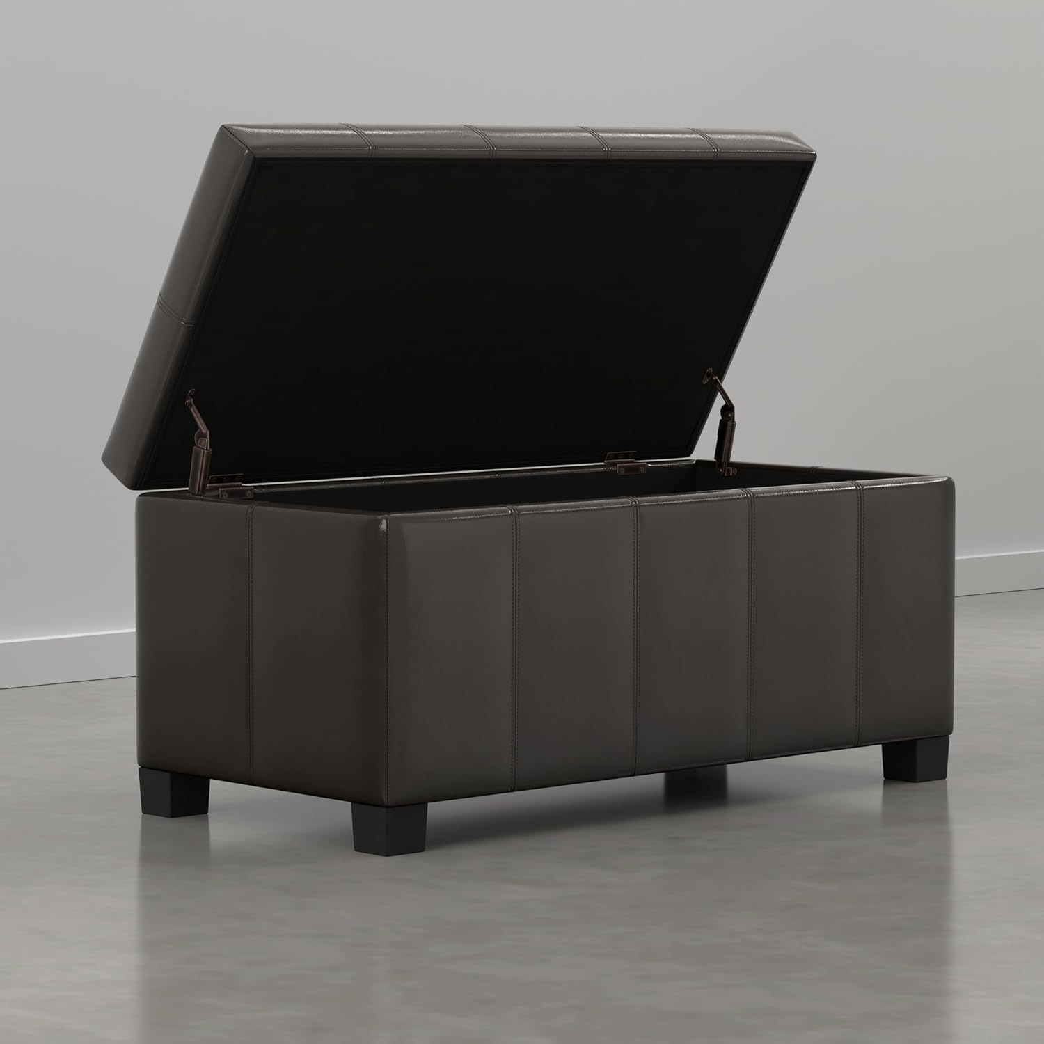 SIMPLIHOME Dover 36" Wide Vegan Leather Storage Ottoman in Midnight Black | Distressed umber brown, contemporary ottoman with lift-top and safety hinges; rectangle storage bench for living room.
