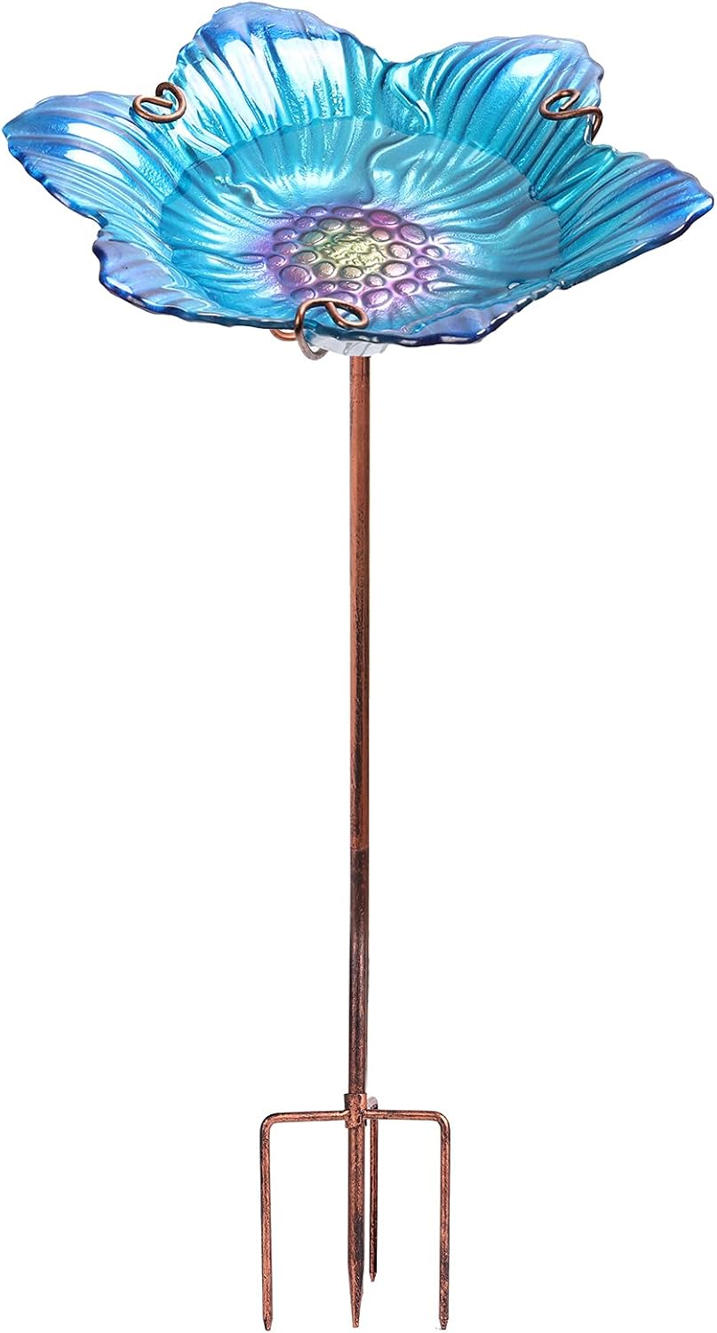 26" Glass Bird Bath, Outdoor Birdbath Bird Feeder Green Flower Metal Stake