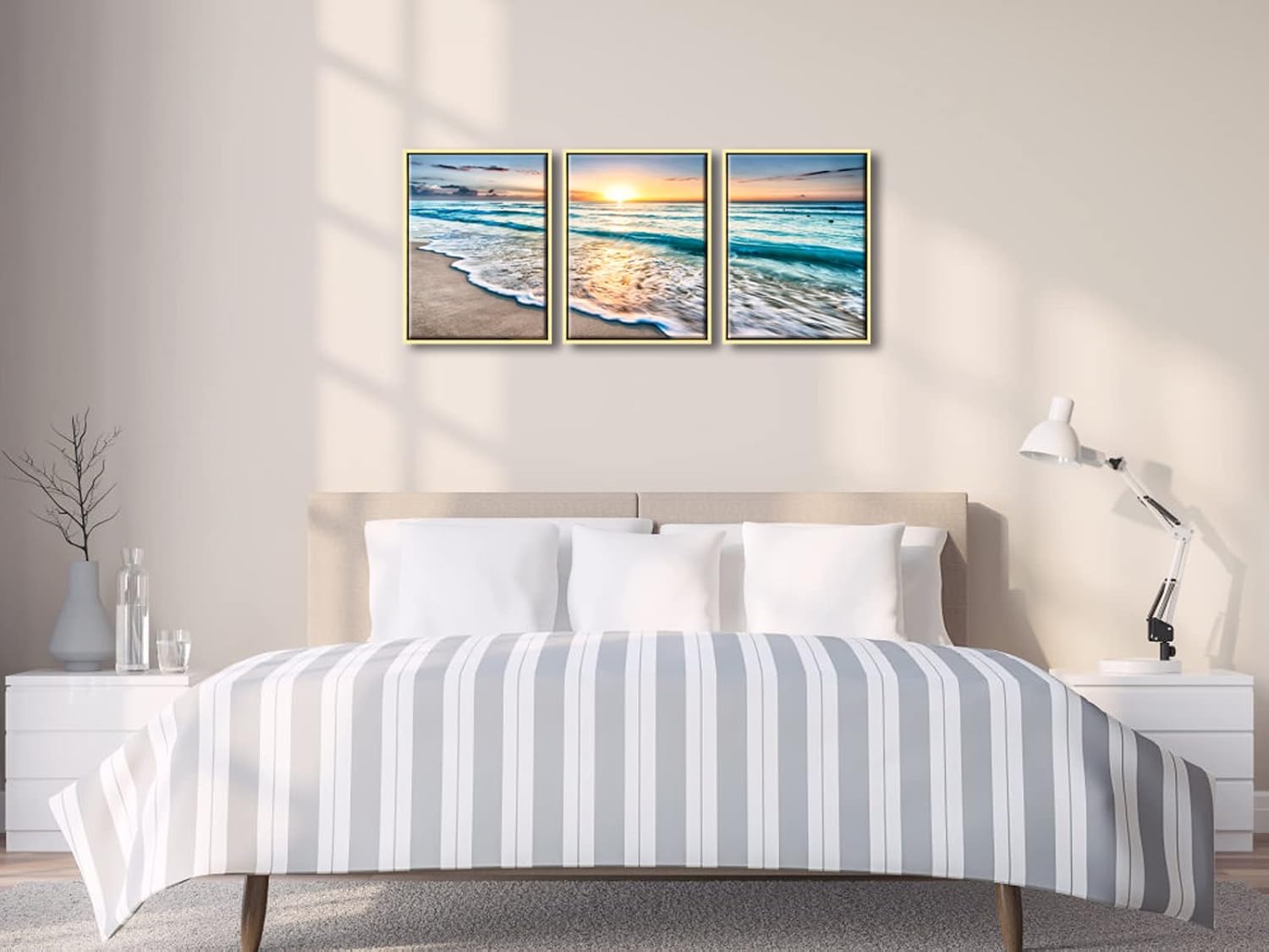 Wieco Art 3 Panel Blue Beach Canvas Wall Art for Home Decor Sunset White Wave Beach Pictures on Canvas Sea View Canvas Prints Artwork for Wall Decor