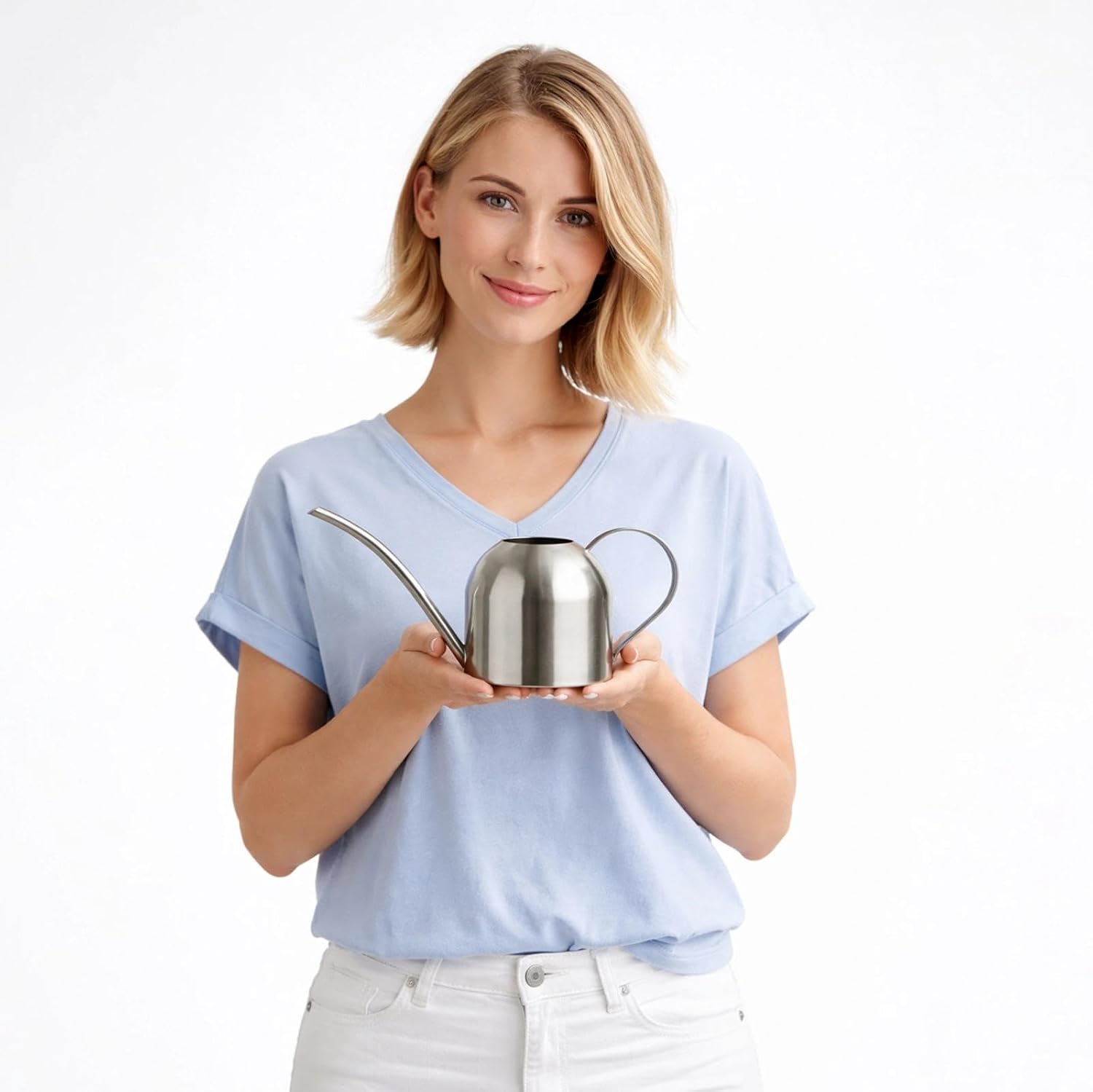 IMEEA Indoor Watering Can for House Plants 33oz/1L Brushed Stainless Steel Watering Can with Long Spout for Succulents, Bonsai