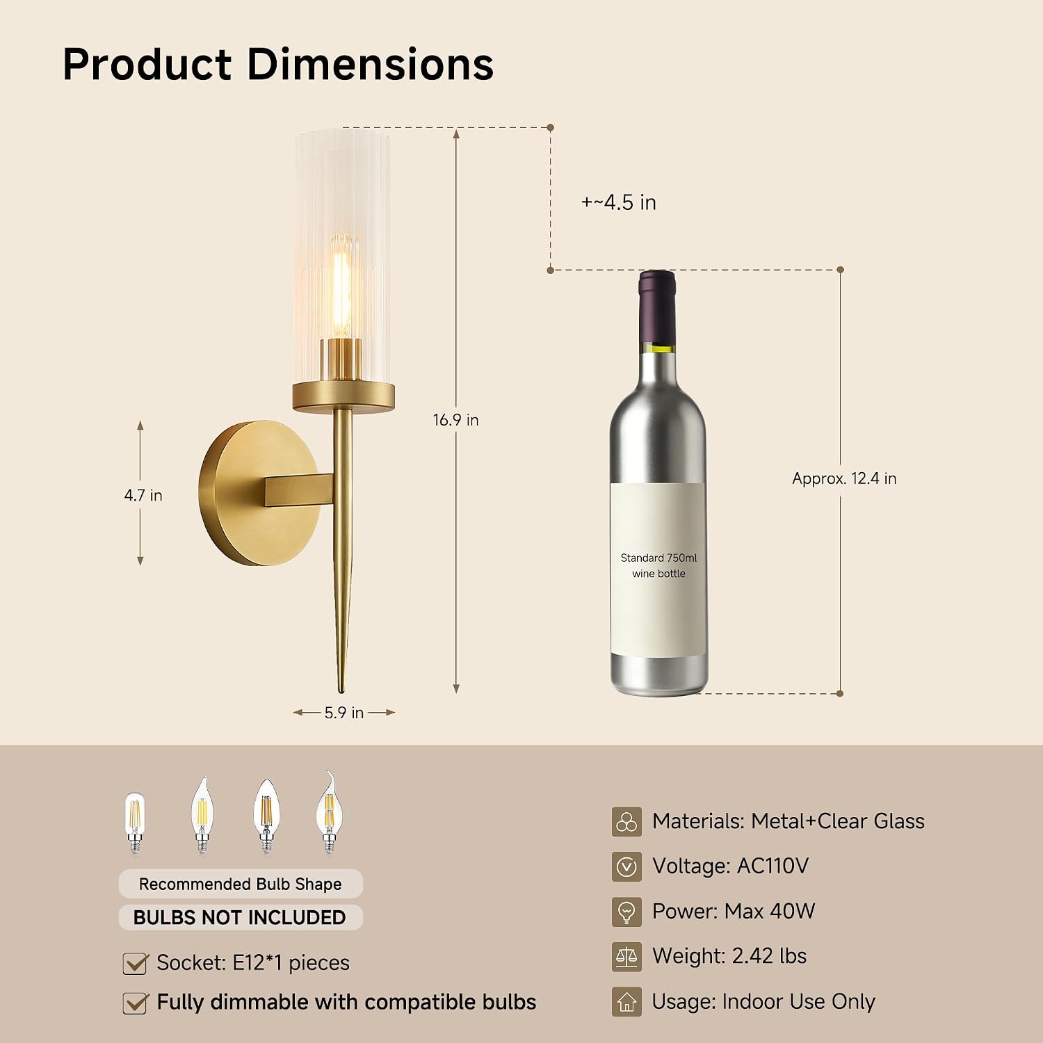 Modern Brushed Brass Wall Sconce, 1-Light Wall Lamp with Clear Glass Shade | H16.9", Mounted Light, with E12 Socket, Ideal for Bathroom Vanity Mirror