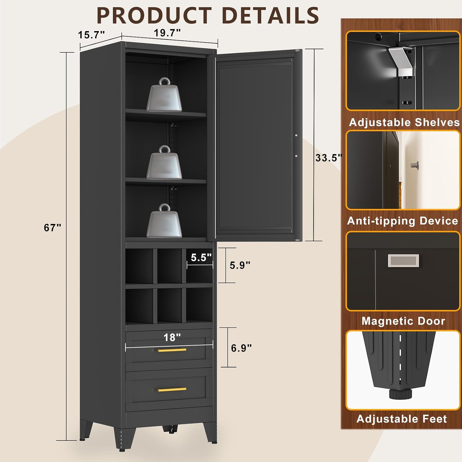 pozdeg 67" Tall Narrow White Metal Storage Cabinet | 2 Doors, 4 Adjustable Shelves, Freestanding Slim Pantry Organizer for Bathroom Kitchen Living Room