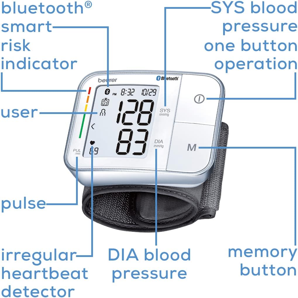 Beurer Bluetooth Smart, Wireless & Automatic Wrist Blood Pressure Monitor with Large LCD Display, Irregular Heartbeat Detection, Multi-Users
