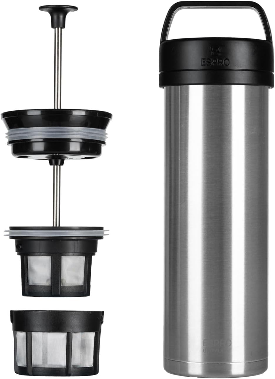 ESPRO Go P0 Ultralight French Press Coffee Maker for Travel, Vacuum Insulated Stainless Steel, 16 Ounces, Matte Meteorite Black