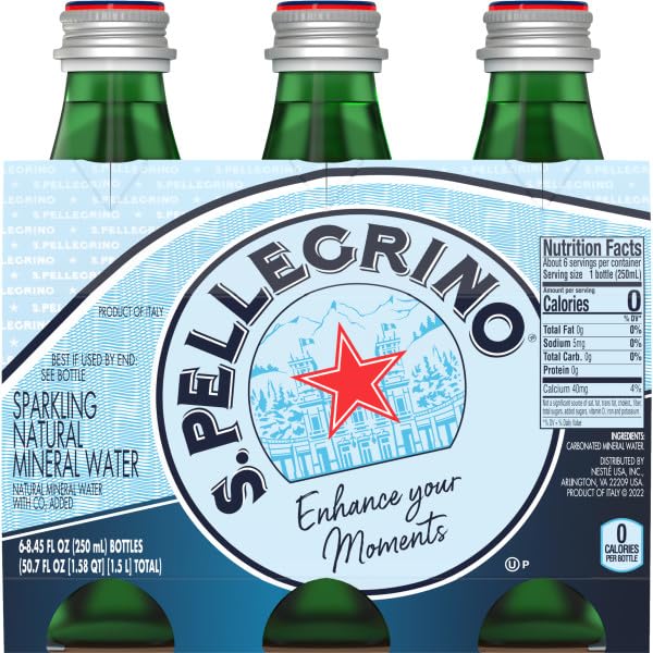 S.Pellegrino Sparkling Natural Mineral Water, 6 Pack of Glass Bottles