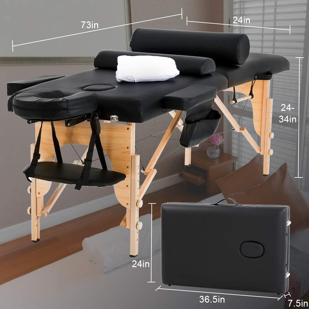 BestMassage Massage Bed Portable Massage Table 28 inch Wide Lash Bed Height Adjustable 2 Folding Spa Table with Towel Hanger Oil Pouch Half Bolster Round Bolster Non-Woven Bag