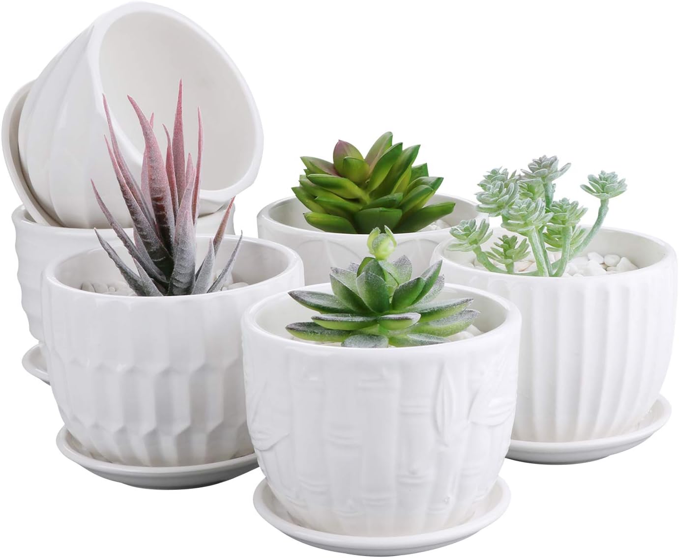 Flower Pots, 4 Inch Cylinder Ceramic Plant Pots with Connected Saucer, Mini Ceramic Planters for Succulent and Little Snake Plants (6 Pack, White)