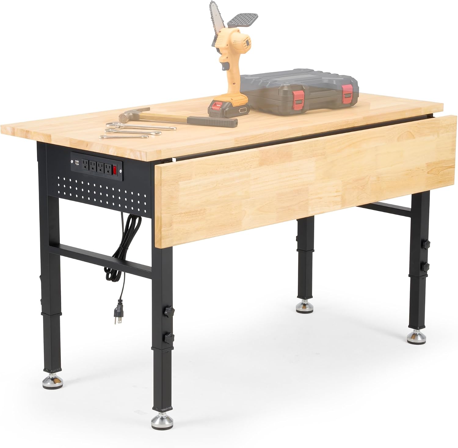 48" Adjustable Rubberwood Workbench with Foldable Extension Board & Power Outlet, Extra Large 48x32In 9-Level Height 27"-37", 2000 LBS Heavy Duty for Workshop Garage Office Home