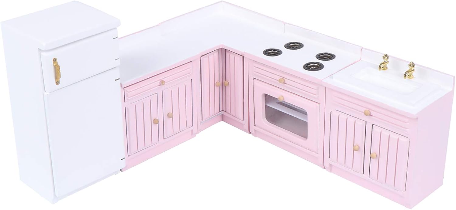 1:12 Scale Dollhouse Kitchen Furniture Set, 5 Piece Wooden Miniature Kitchen Accessories with Cabinet, Fridge, Sink, Corner Cabinet