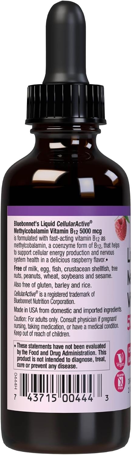 Bluebonnet Liquid Methylcobalamin Vitamin B12 5000 mcg Active Coenzyme Form of Vitamin B 12 Liquid Drops Energy Supplement for Women & Men - Vegan